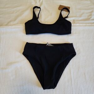 Berlook | Black Ribbed Scoop Top & High-Waisted Bottom Bikini Set